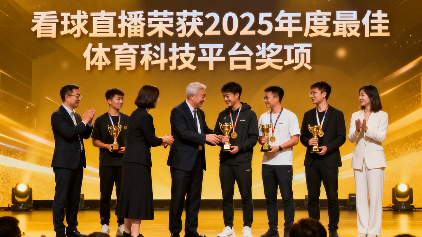 看球直播荣获2025年度最佳体育科技平台奖项的颁奖现场照片，团队代表在舞台上领奖